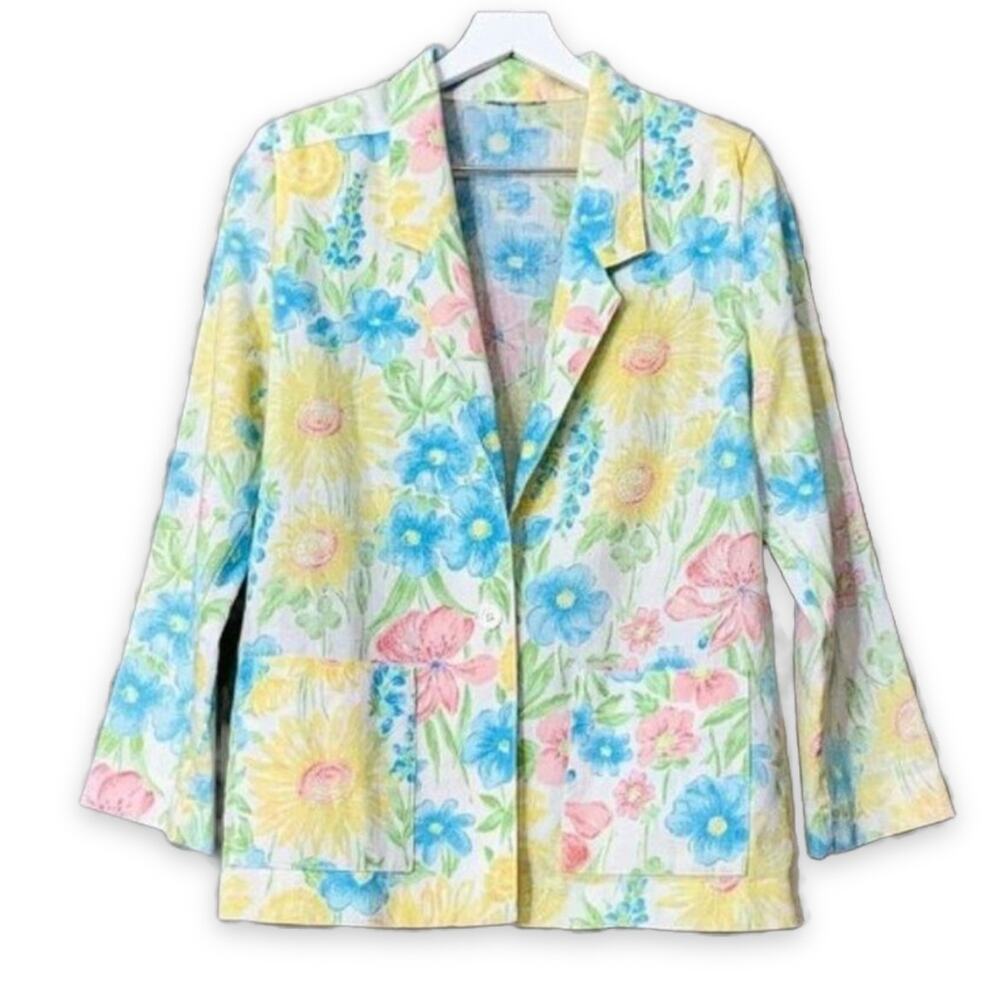 Vtg 80s Oversized Pastel Floral Blazer Womens S/M Lightweight Maximalist Quirky